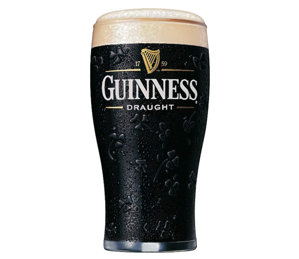 Pint glass of Guinness Draught beer with dark body and creamy foam head on top.